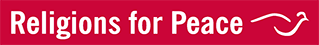 Das Logo von Religions for Peace, Schriftzug mit Taube, weiß auf rot